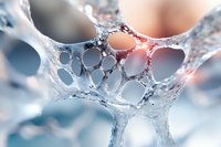 Macro photography of delicate soap bubble foam structure with light refraction creating ethereal blue and pink tones against blurred background.