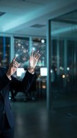 Businessman interacting with futuristic holographic interface displaying data analytics and charts in modern office environment for digital transformation.