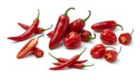 Red hot chili peppers and bell peppers isolated on white background. Fresh spicy ingredients for cooking, seasoning, and culinary use.