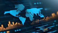 Digital world map with glowing blue continents on dark background alongside orange financial charts and data analytics visualization for global markets.