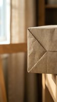 Brown cardboard package delivery box held in hands with warm natural lighting and blurred home interior background for shipping and logistics concepts.