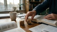 Person stamping documents with wooden rubber stamp at desk with open books and coffee cup in cozy home office workspace for official paperwork approval.