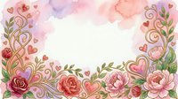 Watercolor floral frame with ornamental swirls, roses, and hearts on isolated white background, ready for wedding invitations, greeting cards, and design projects.