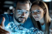 Caucasian male scientist with glasses and beard analyzing digital network visualization with female colleague in modern laboratory environment at night.