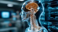 Anatomical visualization showing glowing human brain and skull x-ray profile with cervical spine against digital medical interface background in blue tones.