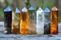Colorful healing crystal points collection arranged in row on rustic wooden surface, featuring smoky quartz, citrine, clear quartz and other mineral specimens.