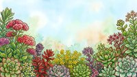 Watercolor succulent garden border with colorful plants and flowers on soft pastel background for botanical design projects and nature artwork.