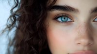 Close up portrait of young woman with bright blue eyes, natural freckles, and dark curly hair against soft blurred background. Natural beauty concept for cosmetics and skincare.