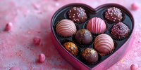 Assorted luxury chocolate truffles and pralines in heart shaped box on pink background with scattered decorative elements. Sweet romantic dessert concept.