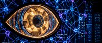 Futuristic digital eye with golden iris and circuit patterns on blue neural network background for artificial intelligence and technology concepts.