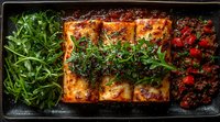 Homemade lasagna garnished with fresh arugula and roasted cherry tomatoes on dark background, served on rectangular black plate. Traditional Italian cuisine.