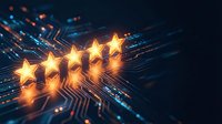Five golden stars floating above glowing circuit board with light trails and bokeh effects on dark background for rating and feedback concepts.
