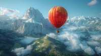 Majestic red hot air balloon floating over misty mountain landscape with dramatic peaks and valleys, perfect for adventure travel marketing and outdoor lifestyle promotions.