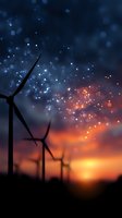 Wind turbines silhouetted against dramatic sunset sky with glowing bokeh lights and orange clouds, representing renewable energy and sustainable future.
