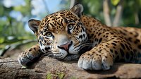Majestic jaguar with striking blue eyes resting on tree trunk in natural habitat, spotted coat pattern visible, close up portrait showing detailed facial features and paws.