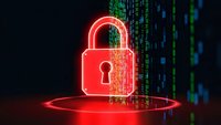Red glowing padlock with digital matrix code background representing cybersecurity data protection and network security technology concepts.