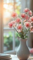 Delicate pink flowers in white ceramic vase near window with soft morning light. Books on windowsill create cozy home atmosphere with natural bokeh effect.