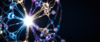 Glowing neural network nodes connected by luminous lines with bright central light burst, representing artificial intelligence, data connectivity, and digital transformation on dark background.