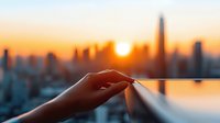 Silhouetted hand touching metal railing against dramatic urban sunset skyline with skyscrapers and golden sun creating atmospheric cityscape backdrop.