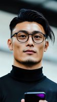 Young Asian businessman in black turtleneck and glasses looking confidently at camera while holding smartphone, modern professional portrait for corporate media.