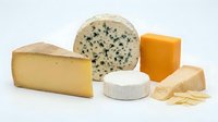 Assorted cheese varieties including aged cheddar, blue cheese, and soft cheese wheels displayed on white background for food and culinary design projects.