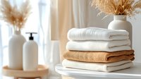 Stack of folded soft cotton towels in white and beige colors on table with decorative pampas grass in ceramic vase, modern bathroom or spa interior styling.