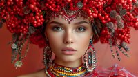 Young woman wearing ornate ethnic jewelry and headdress with bright red berries and decorative elements against coral background, dramatic fashion portrait with blue eyes.