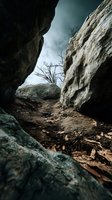 Dramatic rocky canyon passage with weathered limestone walls and bare tree branches creating natural corridor through desert badlands terrain.