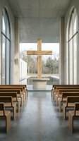 Modern chapel interior with wooden cross on altar, rows of wooden pews, large windows overlooking nature, minimalist religious architecture for worship and spiritual gatherings.