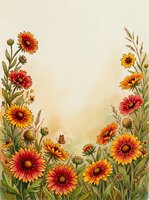 Watercolor wildflower border with vibrant red and orange gaillardia blooms, green stems, and warm beige background, perfect for cards and prints.