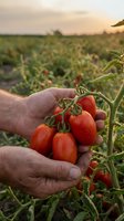 Farmer hands holding fresh ripe red tomatoes at sunset in organic vegetable garden field during harvest season for healthy eating and sustainable agriculture.