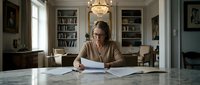 Middle-aged Caucasian woman with glasses reviewing documents at elegant dining table in sophisticated home library with crystal chandelier and bookshelves.
