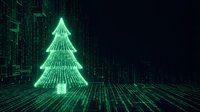 Digital Christmas tree made of glowing green code matrix on dark cyber background for holiday tech designs and futuristic seasonal concepts.