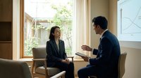 Professional business meeting between Asian businesswoman and businessman discussing strategy in modern office with natural lighting and growth charts.