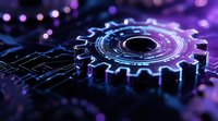 Glowing neon gear mechanism on circuit board background with purple and blue lighting effects creates futuristic technological concept for business innovation.