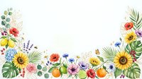 Watercolor floral border with sunflowers, tropical leaves, wildflowers and citrus fruits on white background for wedding invitations and greeting cards.