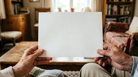 Senior adult with dark skin tone holding blank white canvas in cozy home interior with wooden furniture and bookshelves, suitable for mockup and creative projects.