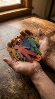 Hands holding colorful wooden puzzle pieces in warm sunlight streaming through window onto rustic wooden floor creating cozy atmosphere for problem solving.