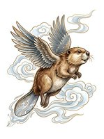 Winged beaver with ornate feathers flying through stylized clouds, isolated on white background for design, apparel, and clipart applications.