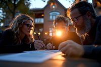 Mature business team collaborating on project outdoors at sunset, discussing documents at wooden table with warm golden light and modern building.