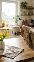 Cozy morning kitchen scene with a hand in a knit sweater holding a ceramic mug, yellow tulips, and warm natural light.