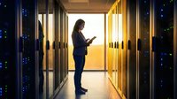 Professional businesswoman using smartphone in modern data center server room with glowing equipment for technology and networking concepts.