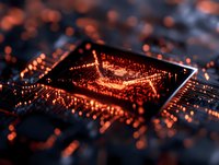 Glowing orange microchip on circuit board with bokeh light effects, macro photography showing electronic components and digital technology connections.