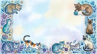 Watercolor cat border frame with playful kittens in blue tones on pastel background, isolated design element for pet-themed projects and decorations.