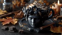 Mystical stone head sculpture with autumn leaves, cinnamon sticks, chocolate pieces, and glowing candles creating atmospheric ritual setting.
