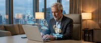 Senior businessman using laptop with holographic digital interface icons in modern office overlooking city skyline at evening.