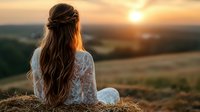 Young woman in white lace dress with long wavy brown hair sitting on hilltop watching golden sunset over rolling countryside landscape. Romantic atmospheric moment.