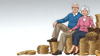 Happy senior couple sitting on stacks of golden coins representing retirement savings and financial security for elderly planning future.