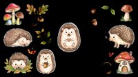 Cute hedgehog clipart set with mushrooms, acorns, and autumn leaves, isolated on transparent background. Ready for stickers, t-shirt design, print on demand, and sublimation.