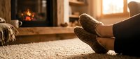 Woman relaxing in cozy knitted socks by warm fireplace in comfortable living room during winter evening creating peaceful hygge atmosphere at home.